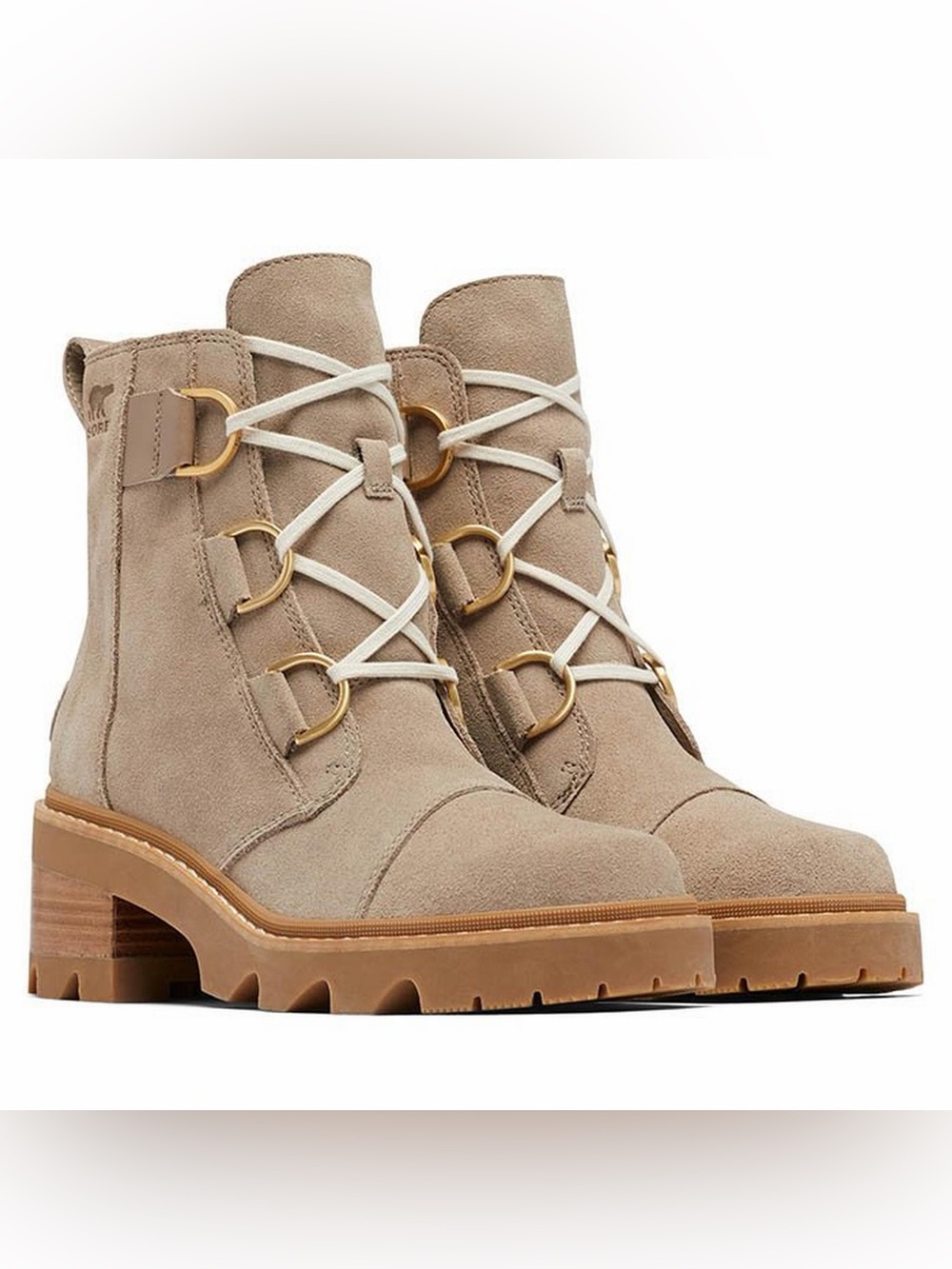 Sorel Joan Now Taupe Suede Lace-Up Ankle Boots with Cream Laces